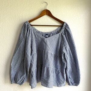 Old Navy Womens Shirt Blouse Blue White Gingham Tiered Seersucker Size XL